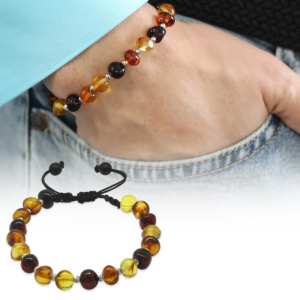 Makrome Örgülü Dorika Detaylı Multicolor Natural Form Doğal Damla Kehribar Erkek Bileklik - 5