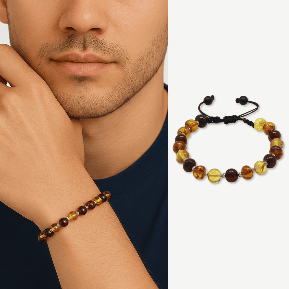 Makrome Örgülü Dorika Detaylı Multicolor Natural Form Doğal Damla Kehribar Erkek Bileklik - 1