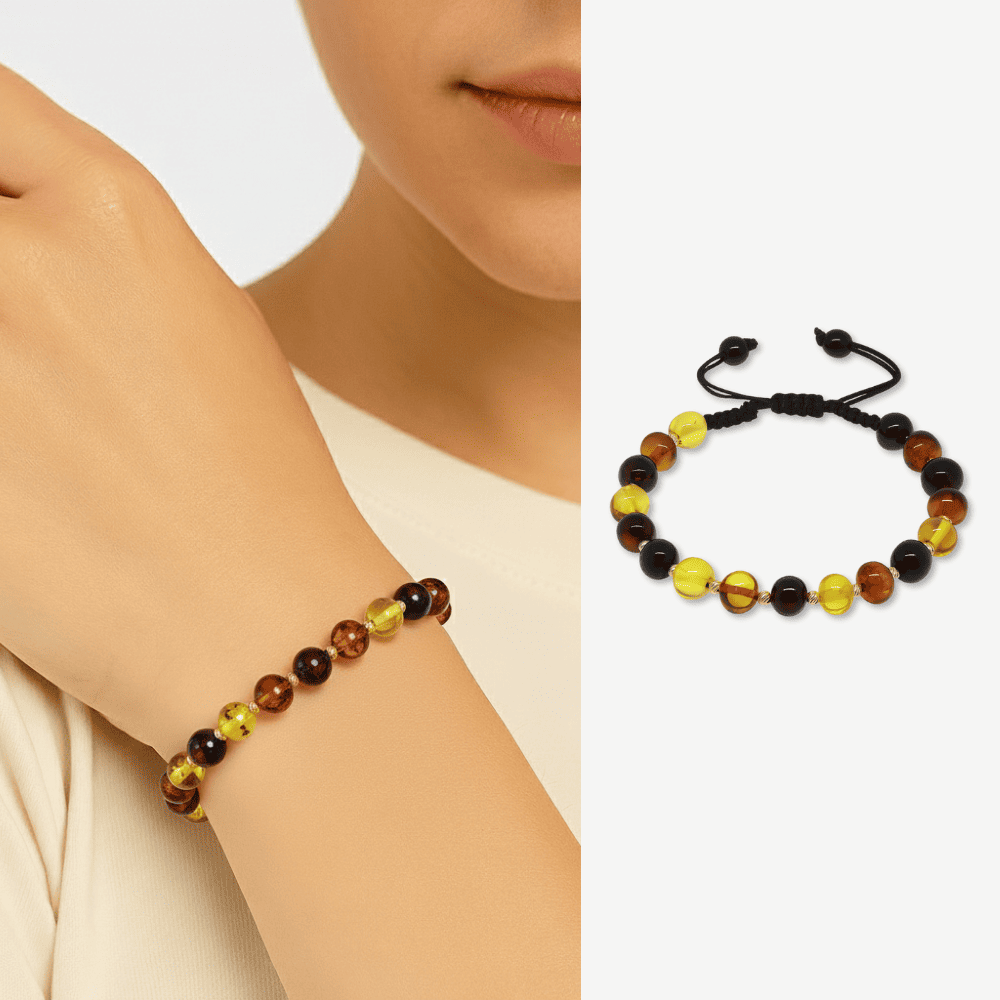 Makrome Örgülü Dorika Detaylı Multicolor Natural Form Doğal Damla Kehribar Kadın Bileklik - 1