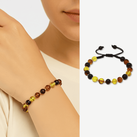 Makrome Örgülü Dorika Detaylı Multicolor Natural Form Doğal Damla Kehribar Kadın Bileklik - Tesbihane