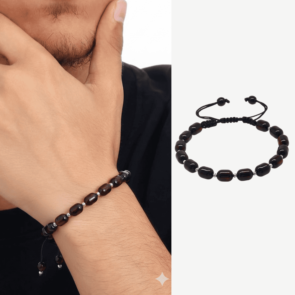 Makrome Örgülü Dorika Top Süslemeli Kapsül Kesim Koyu Kırmızı Renk Damla Kehribar Erkek Bileklik - 1