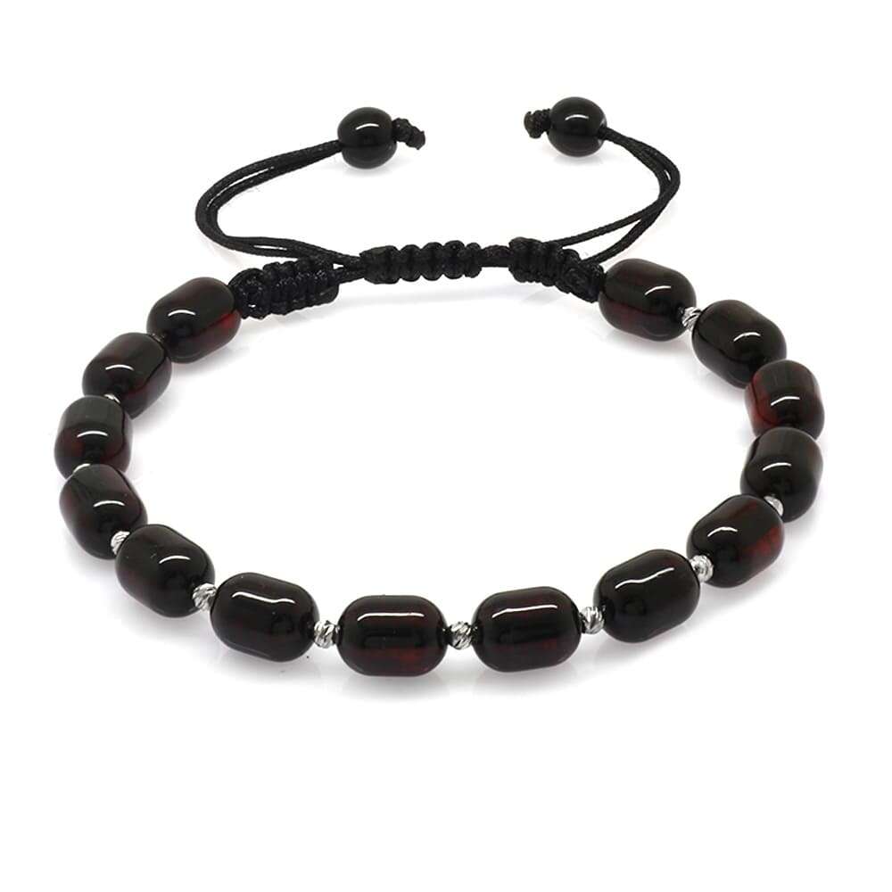 Makrome Örgülü Dorika Top Süslemeli Kapsül Kesim Koyu Kırmızı Renk Damla Kehribar Erkek Bileklik - 3