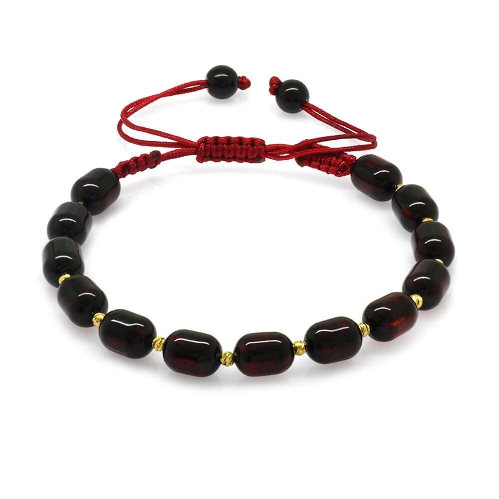 Makrome Örgülü Dorika Top Süslemeli Kapsül Kesim Koyu Kırmızı Renk Damla Kehribar Kadın Bileklik - 3