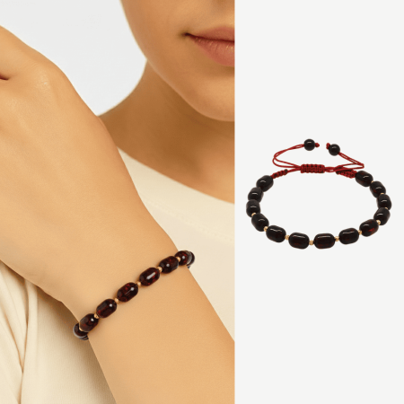 Makrome Örgülü Dorika Top Süslemeli Kapsül Kesim Koyu Kırmızı Renk Damla Kehribar Kadın Bileklik - Tesbihane