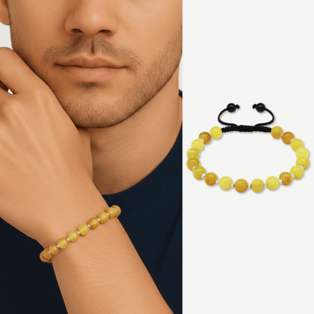 Makrome Örgülü Dorika Top Süslemeli Küre Kesim Sarı Krem Rengi Doğal Damla Kehribar Erkek Bileklik - Tesbihane