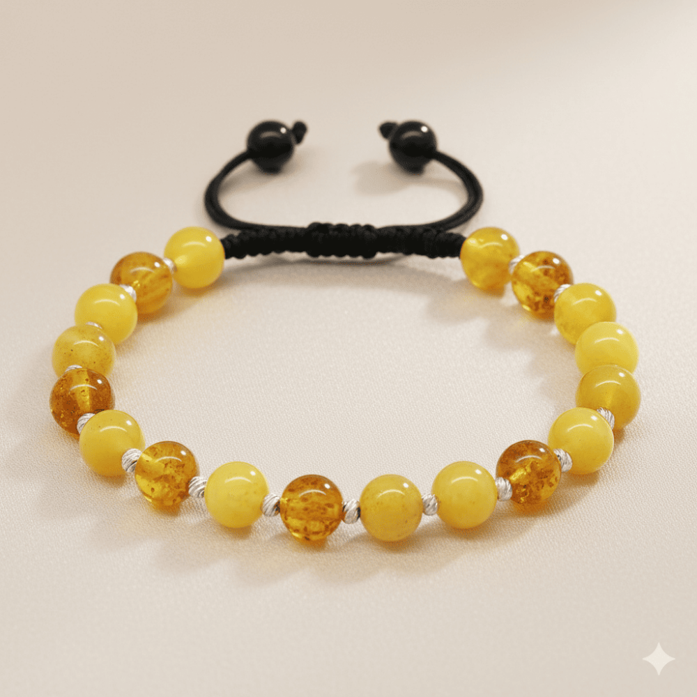 Makrome Örgülü Dorika Top Süslemeli Küre Kesim Sarı Krem Rengi Doğal Damla Kehribar Erkek Bileklik - 3