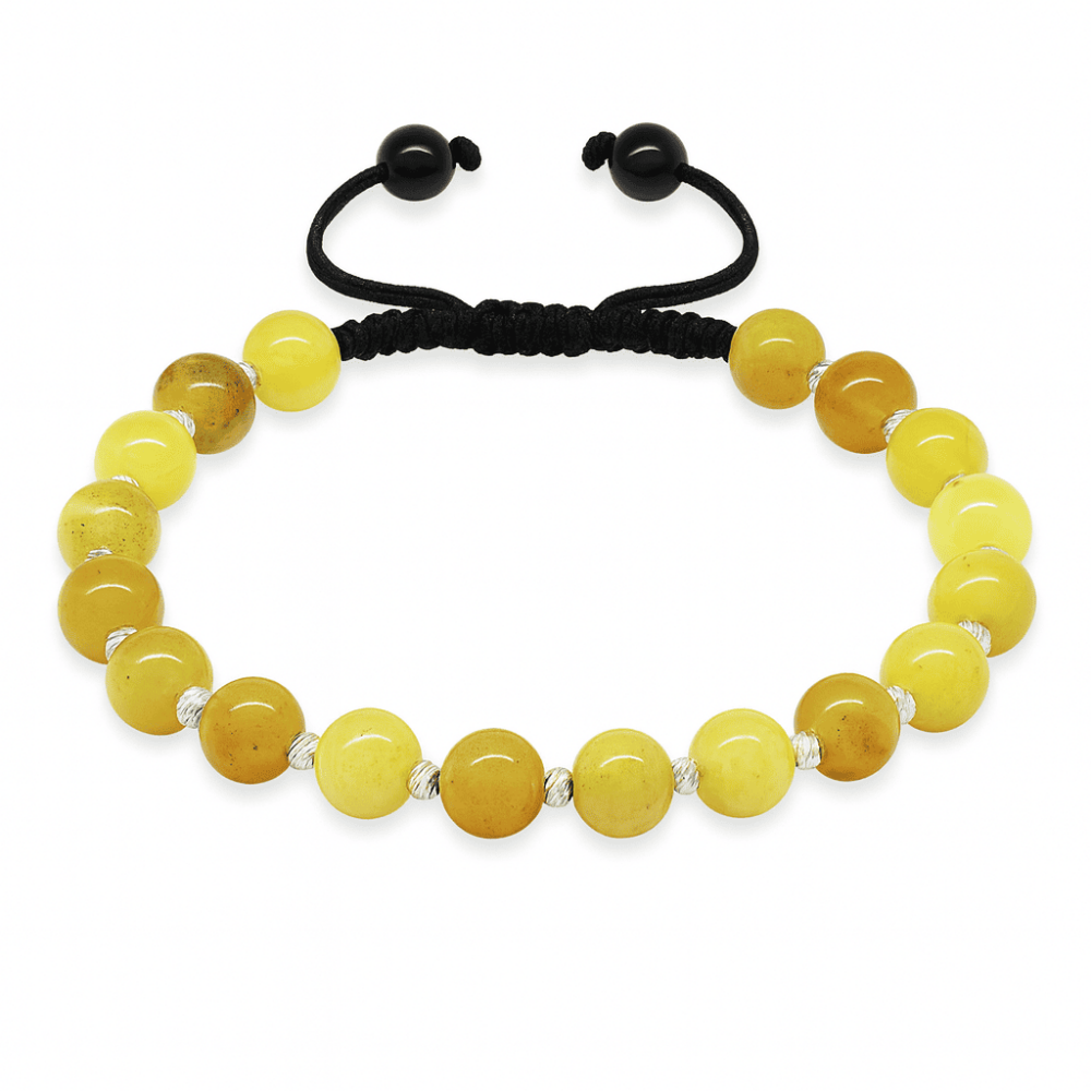 Makrome Örgülü Dorika Top Süslemeli Küre Kesim Sarı Krem Rengi Doğal Damla Kehribar Erkek Bileklik - 4