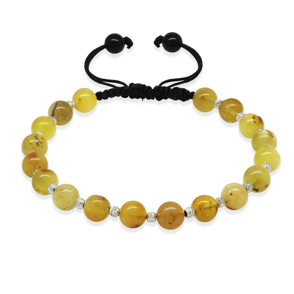 Makrome Örgülü Dorika Top Süslemeli Küre Kesim Sarı Krem Rengi Doğal Damla Kehribar Erkek Bileklik - 5