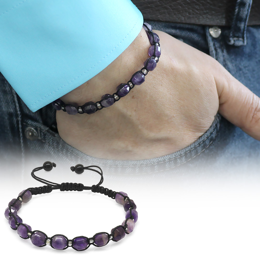 Makrome Örgülü Faset Kesim Ametist Doğaltaş Erkek Bileklik - 1