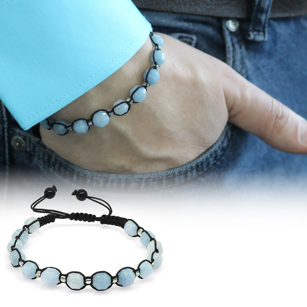 Makrome Örgülü Faset Kesim Akuamarin Doğaltaş Erkek Bileklik - 1