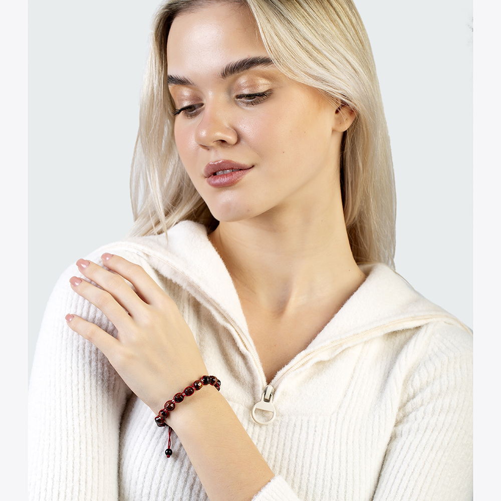 Makrome Örgülü Faset Kesim Kaplan Gözü Doğaltaş Kadın Bileklik - 3