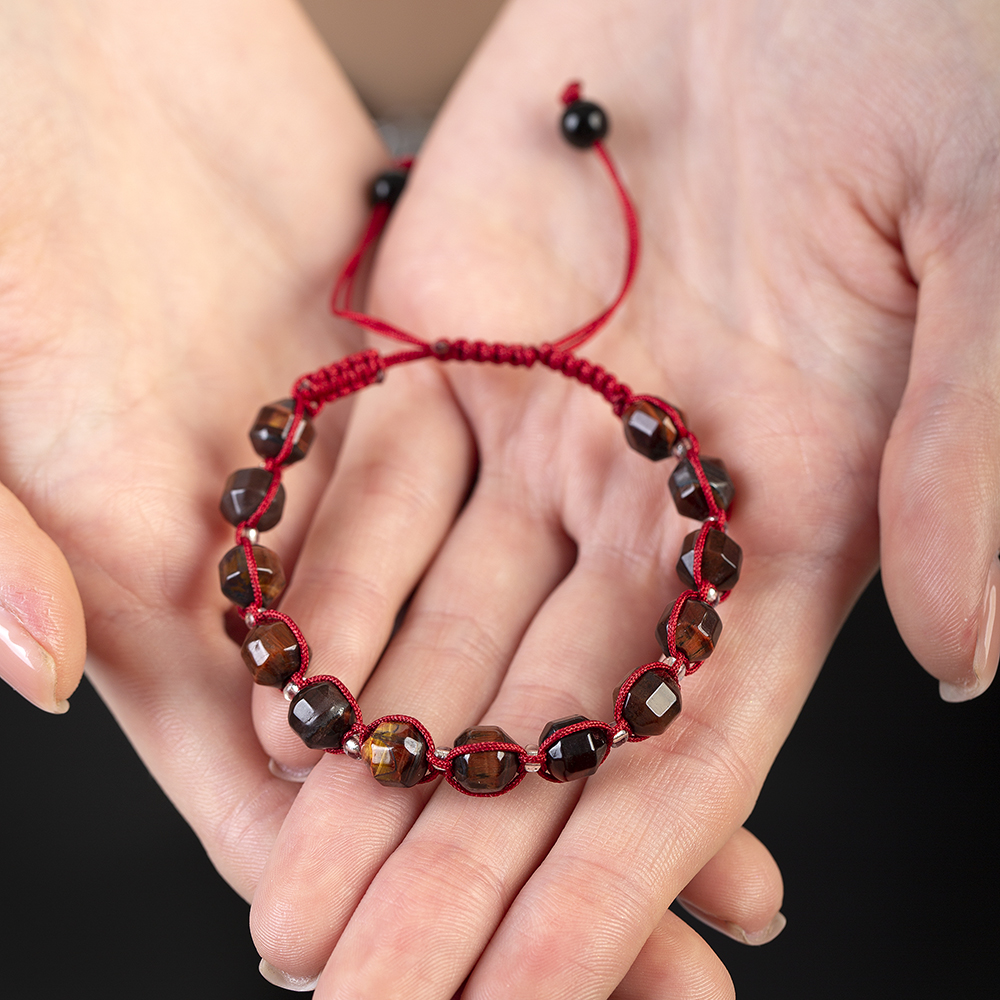 Makrome Örgülü Faset Kesim Kaplan Gözü Doğaltaş Kadın Bileklik - 5