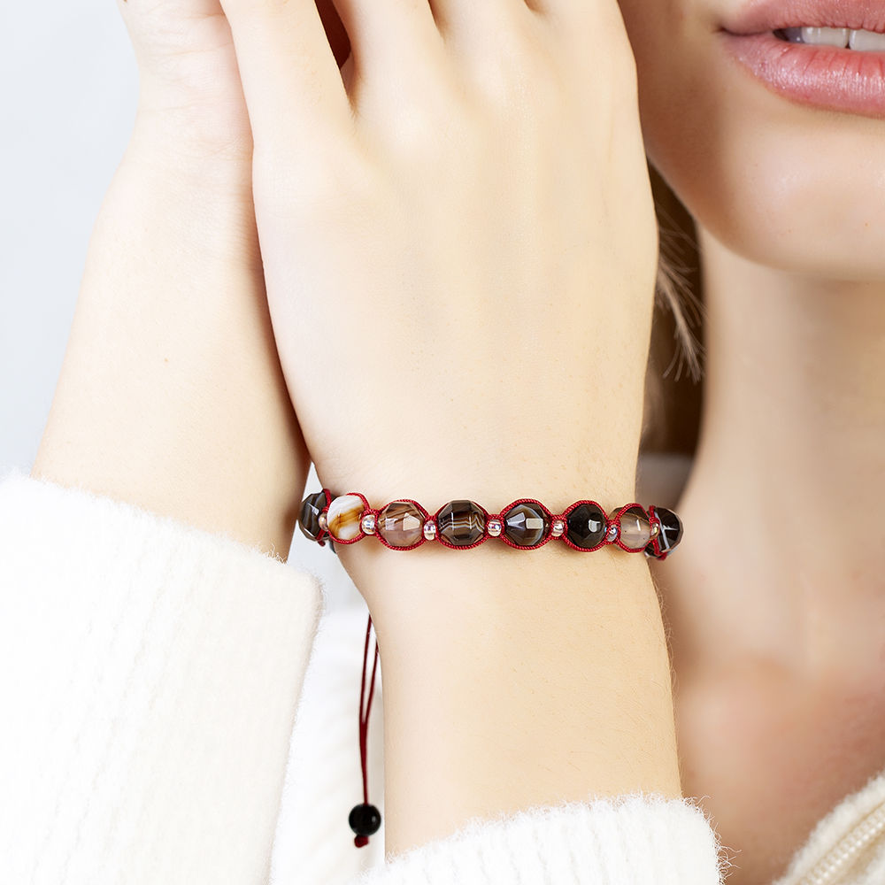 Makrome Örgülü Faset Kesim Madagaskar Akik Doğaltaş Kadın Bileklik - 3