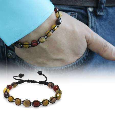 Makrome Örgülü Faset Kesim Mokait Doğaltaş Erkek Bileklik - Tesbihane