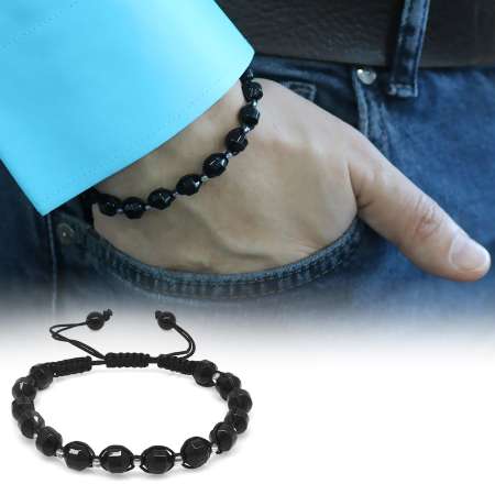 Makrome Örgülü Faset Kesim Oniks Doğaltaş Erkek Bileklik - Tesbihane