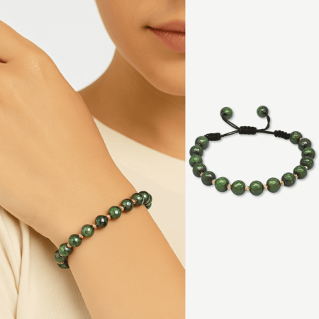 Makrome Örgülü Altın Renk Dorika Top Süslemeli Küre Kesim Fasetalı His Taşı Kadın Bileklik - Tesbihane