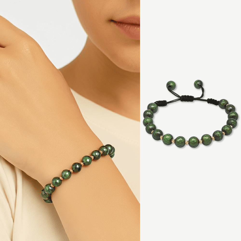 Makrome Örgülü Altın Renk Dorika Top Süslemeli Küre Kesim Fasetalı His Taşı Kadın Bileklik - 1