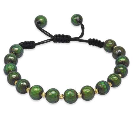 Makrome Örgülü Altın Renk Dorika Top Süslemeli Küre Kesim Fasetalı His Taşı Kadın Bileklik - Tesbihane