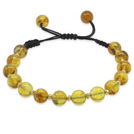 Makrome Örgülü Altın Renk Dorika Top Süslemeli Küre Kesim Doğal Sarı Damla Kehribar Kadın Bileklik - Tesbihane