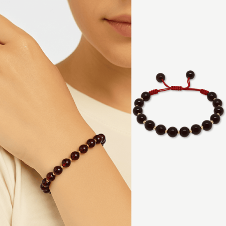 Makrome Örgü Altın Renk Dorika Top Süslemeli Küre Kesim Kırmızı Doğal Damla Kehribar Kadın Bileklik - Tesbihane