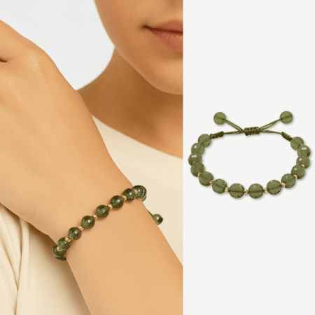 Makrome Örgülü Altın Renk Dorika Top Süslemeli Küre Kesim Zultanit Taşı Kadın Bileklik - Tesbihane