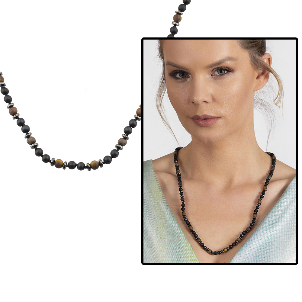 Makrome Örgülü Kaplan Gözü Oniks Hematit Kombinli Doğaltaş Kadın Kolye - 1