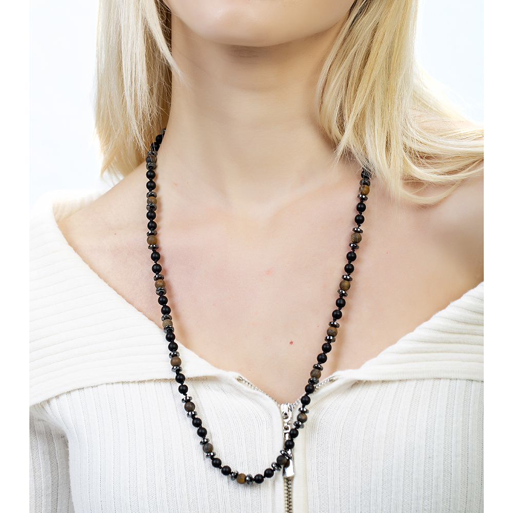 Makrome Örgülü Kaplan Gözü Oniks Hematit Kombinli Doğaltaş Kadın Kolye - 2