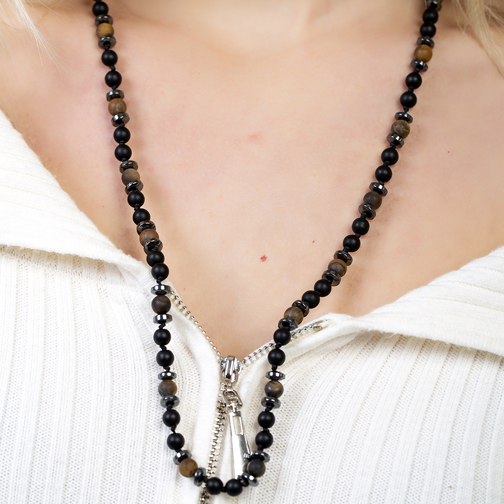 Makrome Örgülü Kaplan Gözü Oniks Hematit Kombinli Doğaltaş Kadın Kolye - 3