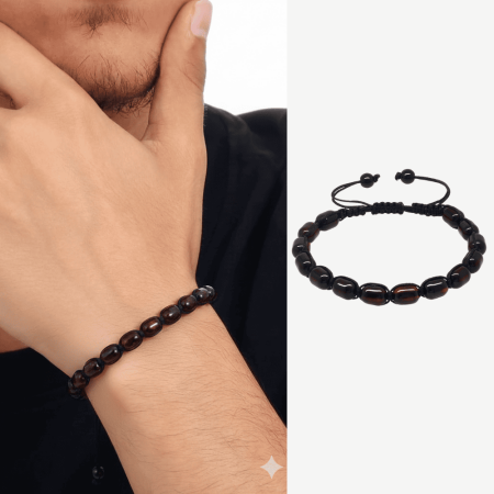 Makrome Örgülü Kapsül Kesim Koyu Kırmızı Renk Damla Kehribar Erkek Bileklik - Tesbihane