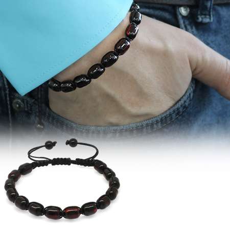 Makrome Örgülü Kapsül Kesim Koyu Kırmızı Renk Damla Kehribar Erkek Bileklik - Tesbihane