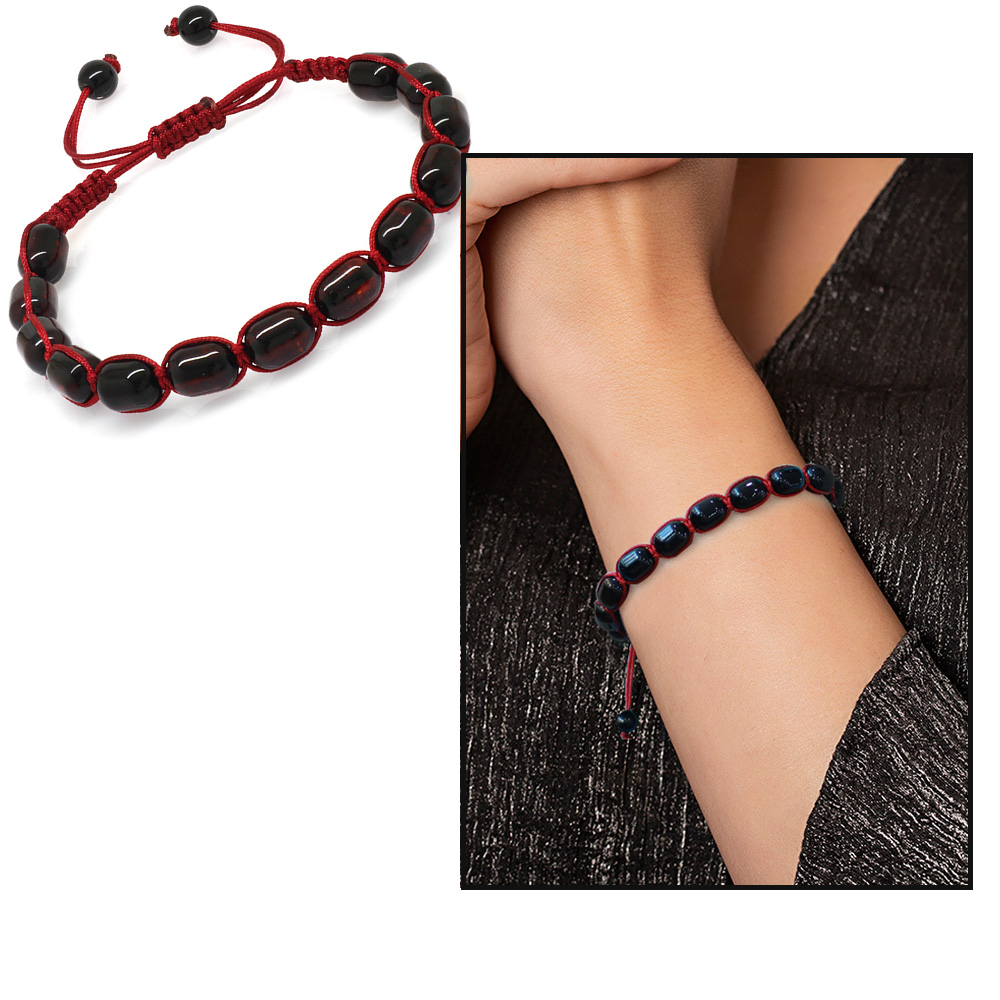 Makrome Örgülü Kapsül Kesim Koyu Kırmızı Renk Damla Kehribar Kadın Bileklik - 5