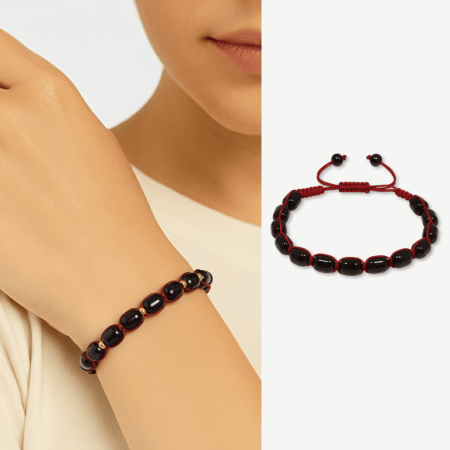 Makrome Örgülü Kapsül Kesim Koyu Kırmızı Renk Damla Kehribar Kadın Bileklik - Tesbihane