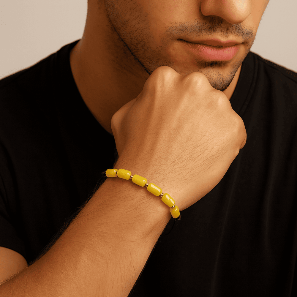 Makrome Örgülü Kapsül Kesim Sarı Beyaz Renkli King Seccer Damla Kehribar Erkek Bileklik - 3