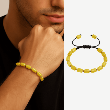 Makrome Örgülü Kapsül Kesim Sarı Beyaz Renkli King Seccer Damla Kehribar Erkek Bileklik - Tesbihane