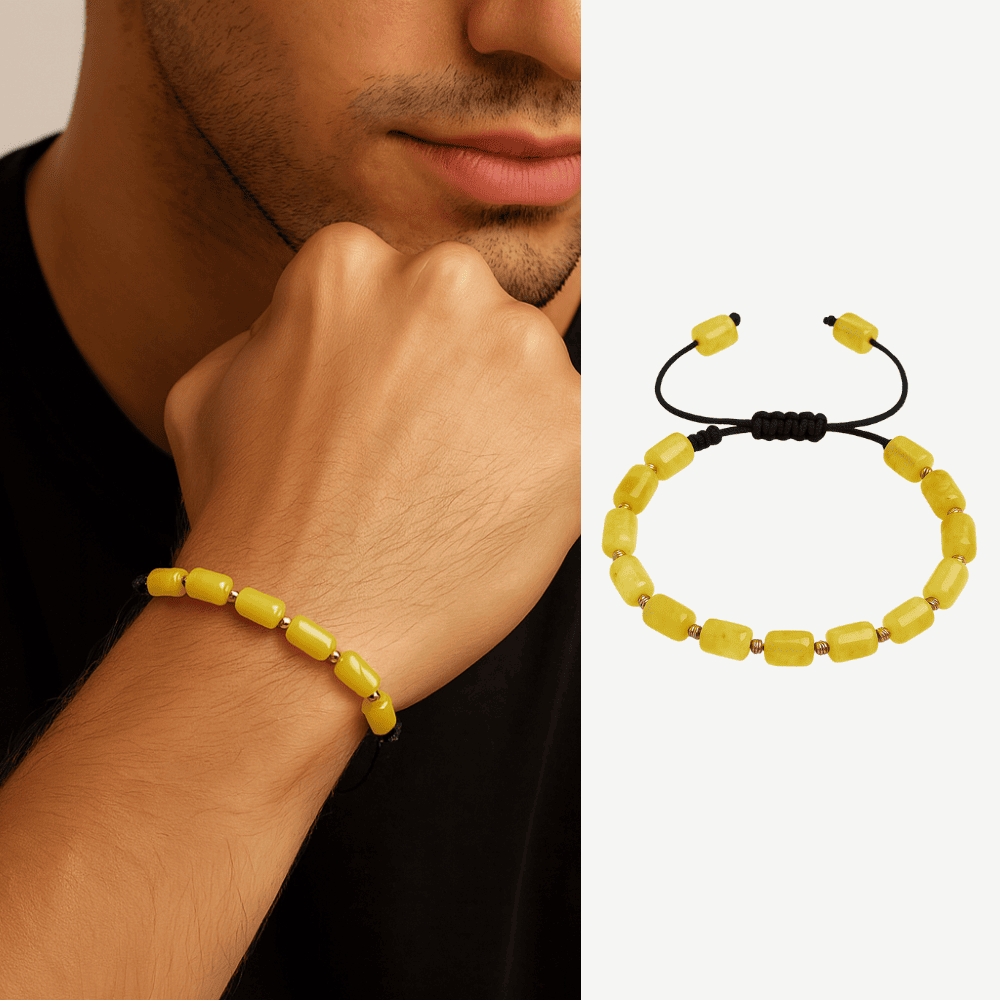 Makrome Örgülü Kapsül Kesim Sarı Beyaz Renkli King Seccer Damla Kehribar Erkek Bileklik - 1