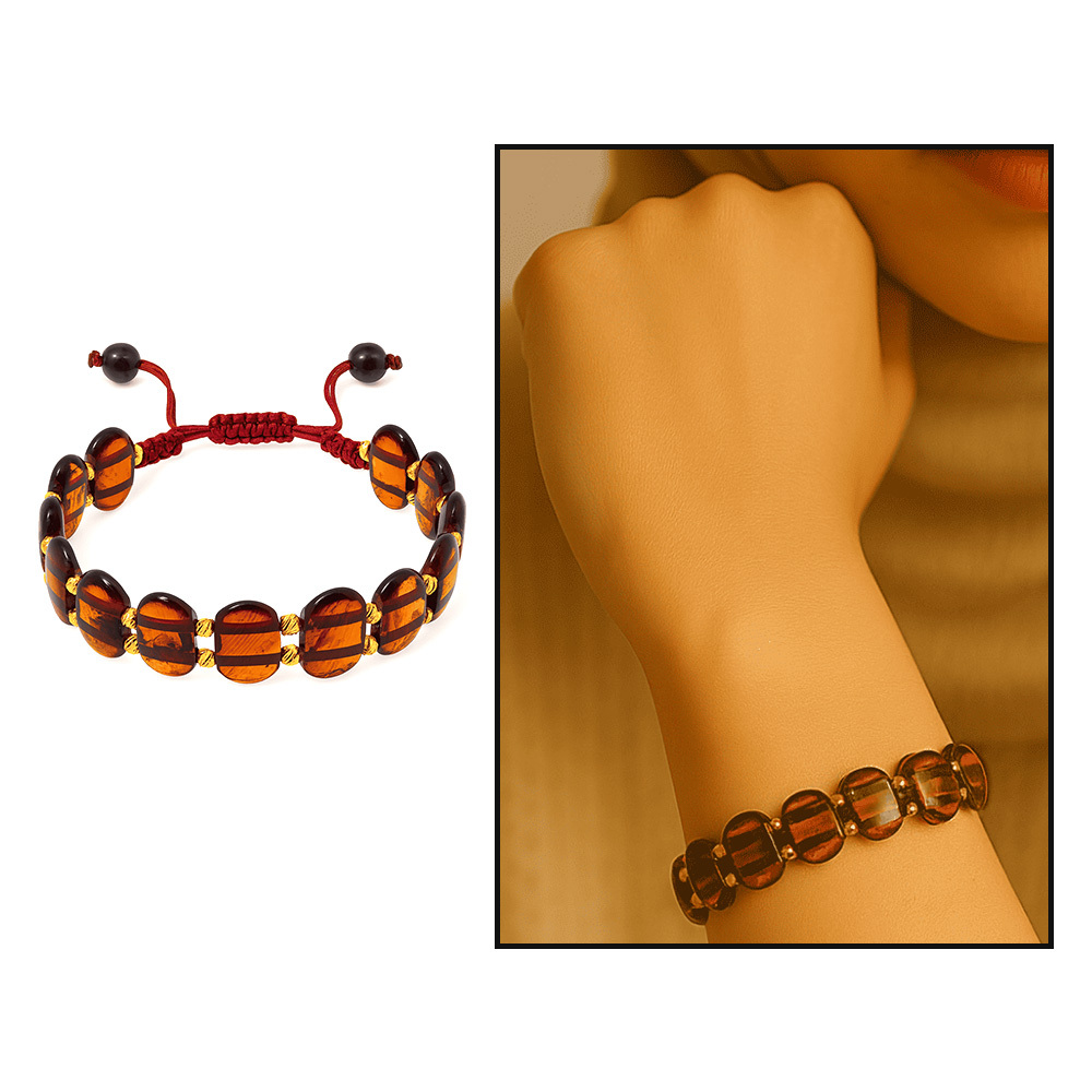 Makrome Örgülü Kırmızı Renkli Doğal Damla Kehribar Rolex Kadın Bileklik - 1