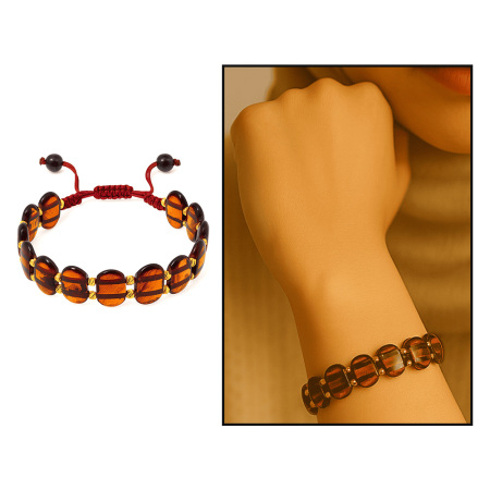 Makrome Örgülü Kırmızı Renkli Doğal Damla Kehribar Rolex Kadın Bileklik - Tesbihane