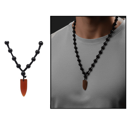 Makrome Örgülü Kırmızı Siyah Ceyt Doğaltaş Erkek Kolye - Tesbihane