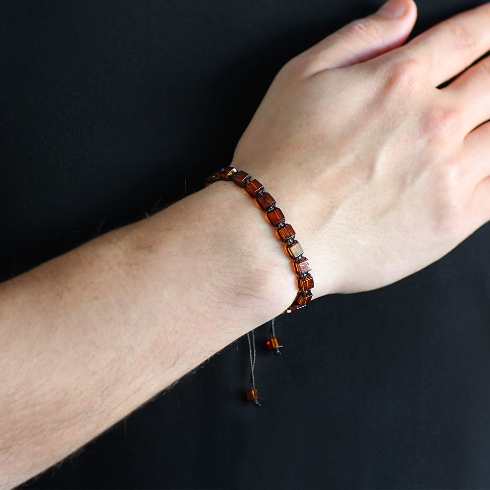 Makrome Örgülü Küp Kesim Bal Rengi Doğal Damla Kehribar Erkek Bileklik - 2