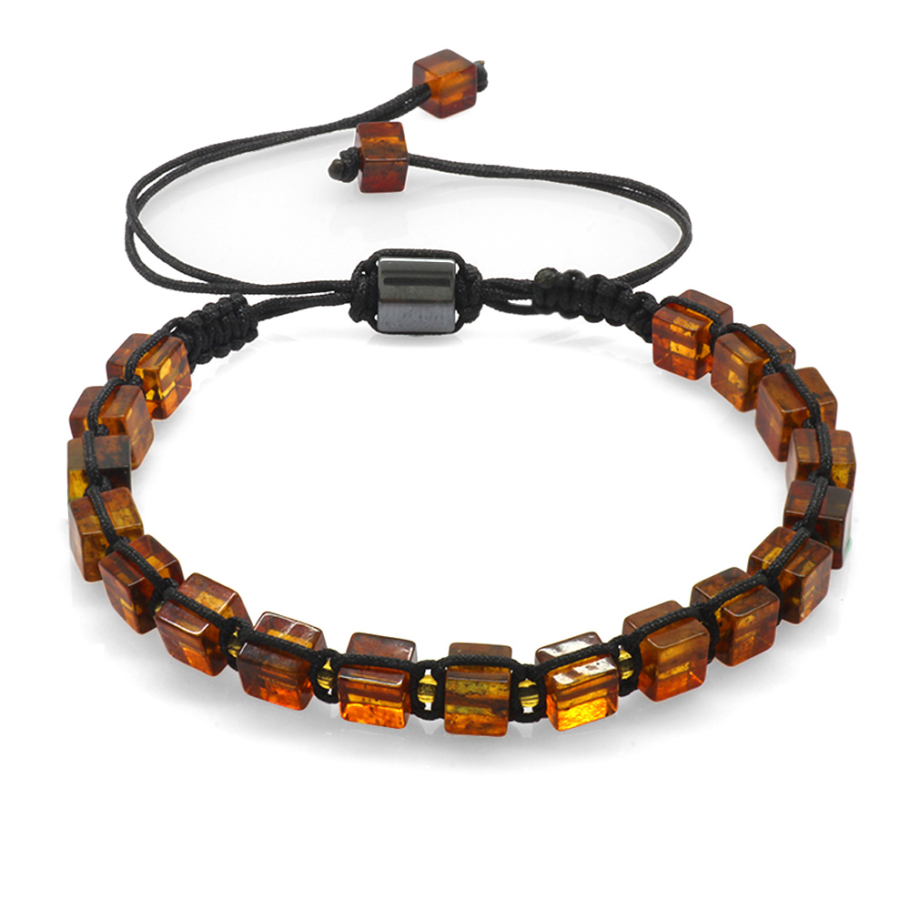 Makrome Örgülü Küp Kesim Bal Rengi Doğal Damla Kehribar Erkek Bileklik - 3