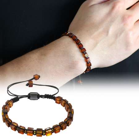 Makrome Örgülü Küp Kesim Bal Rengi Doğal Damla Kehribar Erkek Bileklik - Tesbihane