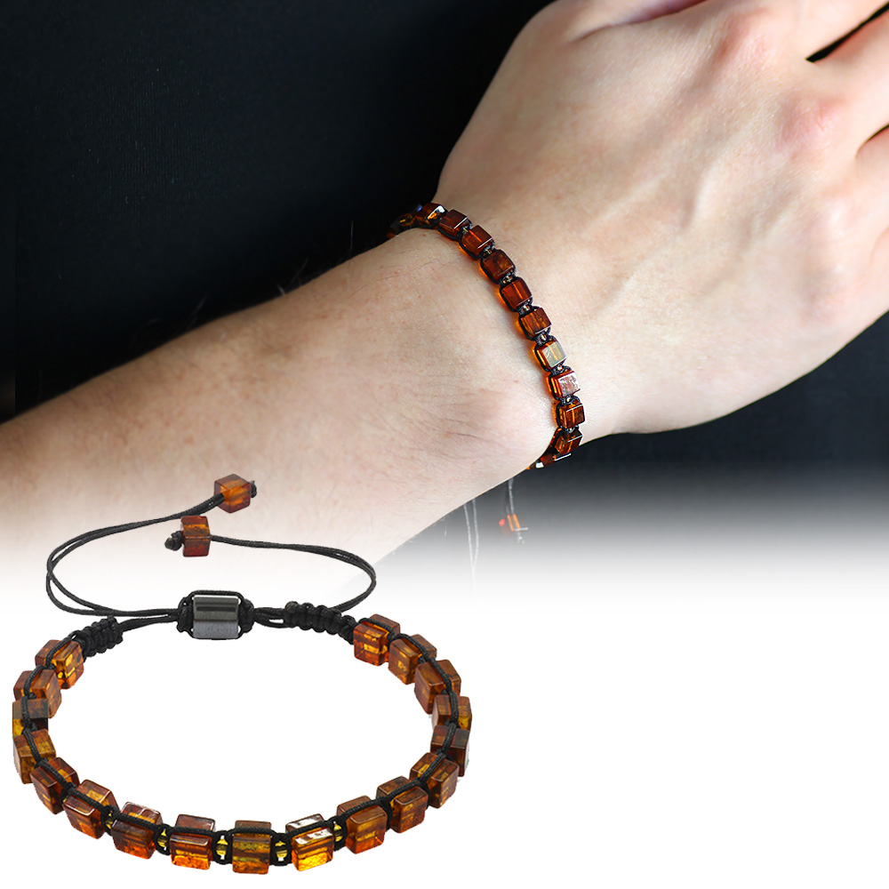 Makrome Örgülü Küp Kesim Bal Rengi Doğal Damla Kehribar Erkek Bileklik - 1