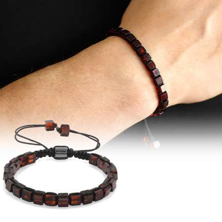 Makrome Örgülü Küp Kesim Koyu Kırmızı Doğal Damla Kehribar Erkek Bileklik - Tesbihane