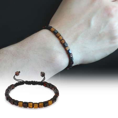 Makrome Örgülü Küp Kesim Kırmızı-Sarı Renk Doğal Damla Kehribar Erkek Bileklik - STOKYOK