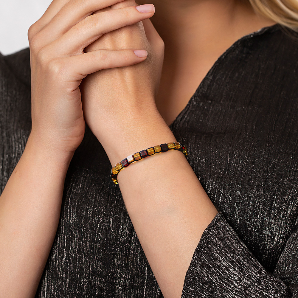 Makrome Örgülü Küp Kesim Sarı Koyu Kırmızı Doğal Damla Kehribar Kadın Bileklik - 8