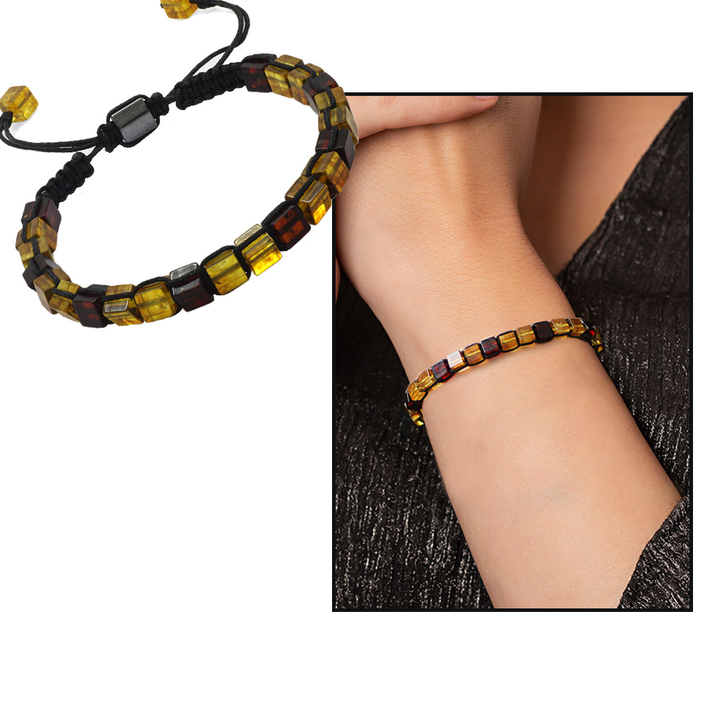 Makrome Örgülü Küp Kesim Sarı Koyu Kırmızı Doğal Damla Kehribar Kadın Bileklik - 7