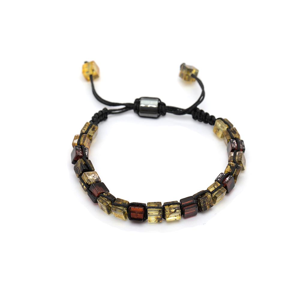 Makrome Örgülü Küp Kesim Sarı Koyu Kırmızı Doğal Damla Kehribar Kadın Bileklik - 3