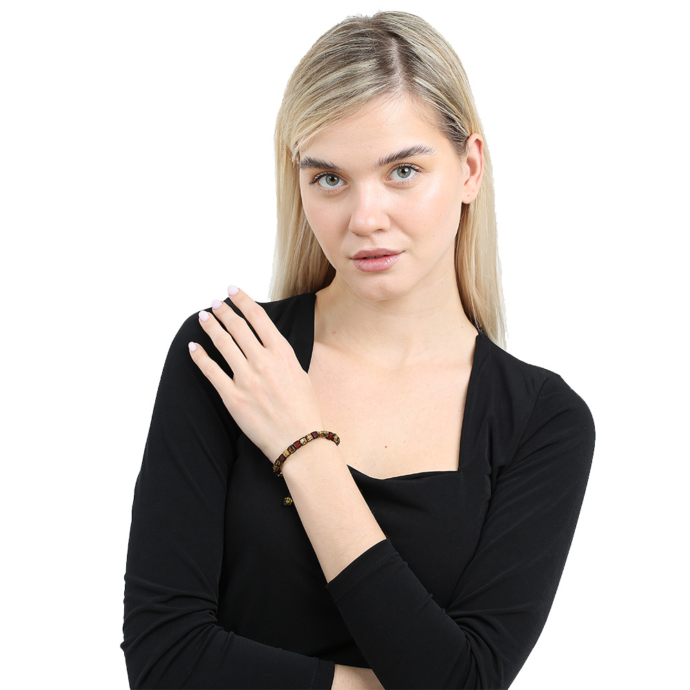 Makrome Örgülü Küp Kesim Sarı Koyu Kırmızı Doğal Damla Kehribar Kadın Bileklik - 2