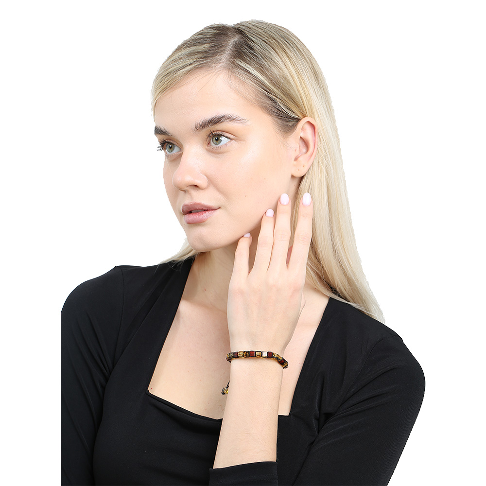 Makrome Örgülü Küp Kesim Sarı Koyu Kırmızı Doğal Damla Kehribar Kadın Bileklik - 4