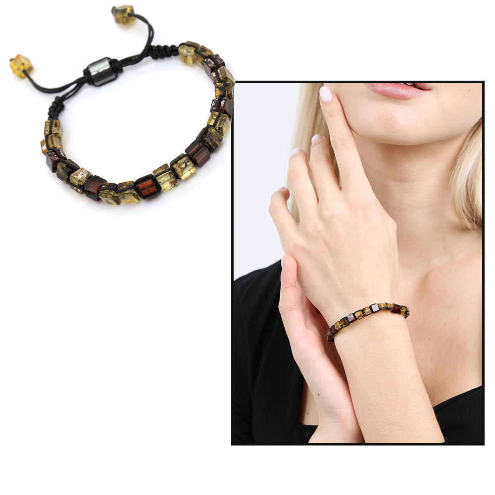 Makrome Örgülü Küp Kesim Sarı Koyu Kırmızı Doğal Damla Kehribar Kadın Bileklik - 1